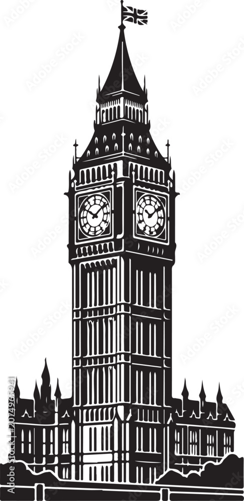 Fototapeta premium Big Ben, London landmark, clock tower, black and white vector illustration, iconic architecture
