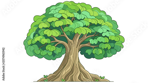 Illustration vectorielle d'un grand arbre feuillu avec un tronc robuste et des feuilles vertes luxuriantes, isolé sur un fond blanc pur pour une utilisation facile dans vos designs.