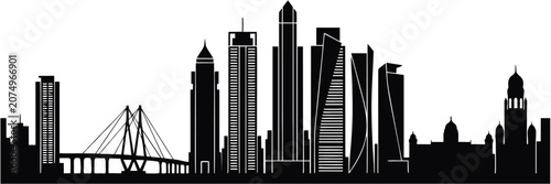 Mumbai India City Skyline Silhouette Vector Illustration with Bandra Worli Sea Link and Landmarks