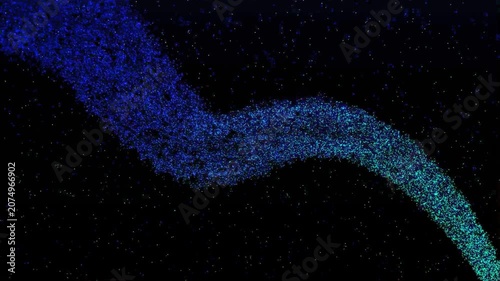 Abstract blue glowing comet or shooting star flying across a dark starry space background. Luminous particle light trail animation representing magic, energy, or cosmic phenomena