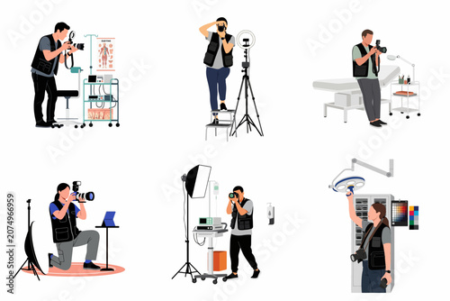 Set of Professional Photographers Capturing High-Quality Medical and Laboratory Imagery with Specialized Equipment in Various Clinical Settings