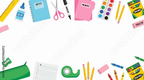 Colorful School Supplies and Art Tools Border on White Background