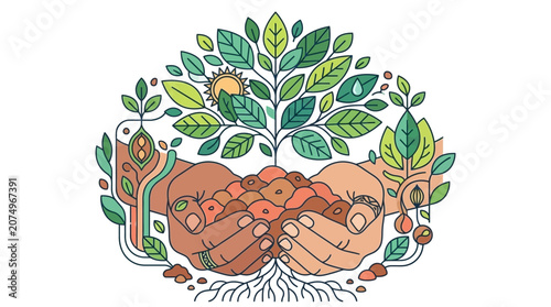Ilustração vetorial estilizada de mãos humanas segurando terra com uma pequena árvore crescendo, simbolizando sustentabilidade, cuidado com a natureza e preservação ambiental.