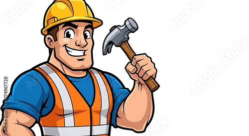 Cartoon construction worker mascot holding a hammer on white background.