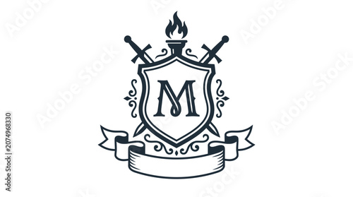 Heraldic shield letter M with torches and swords.