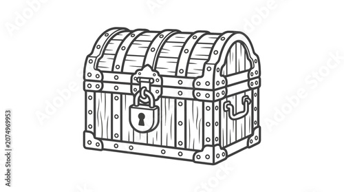 Vintage wooden treasure chest icon with heavy padlock.
