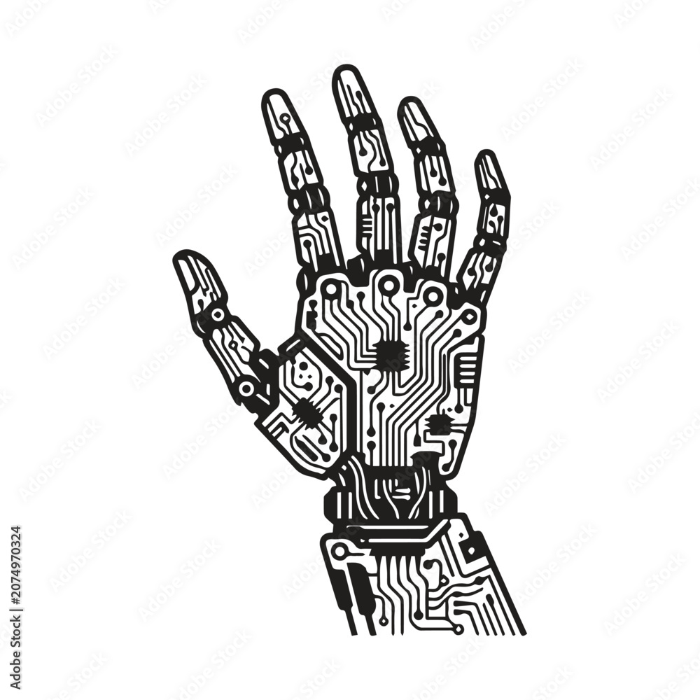 Naklejka premium Robotic hand with printed circuit board pattern technology mechanical