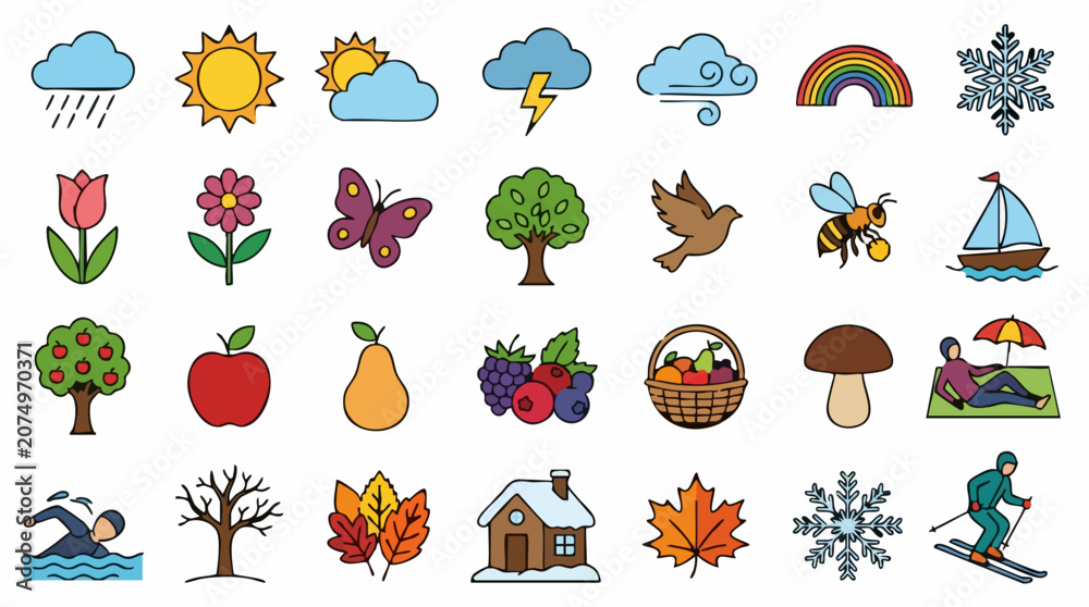 Fototapeta premium Nature, weather, and seasonal activity icons in flat design style