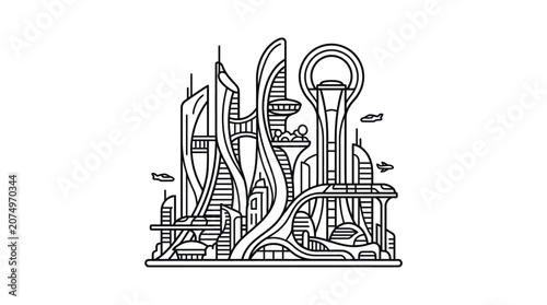 Sci-fi cityscape with organic futuristic architecture illustration.