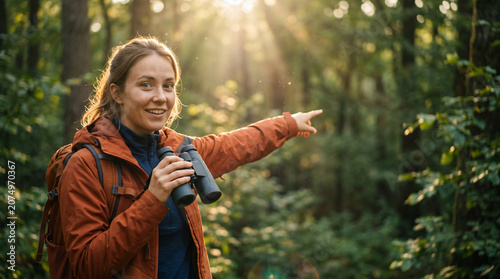 Smiling young woman hiking in sunlit forest pointing towards trees holding binoculars