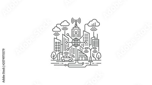 Smart city infrastructure icon with wireless IoT connectivity.