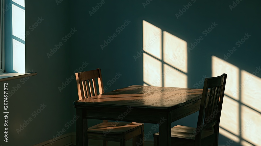 Fototapeta premium Minimalist Dining Room with Wooden Table and Sunlight Shadows