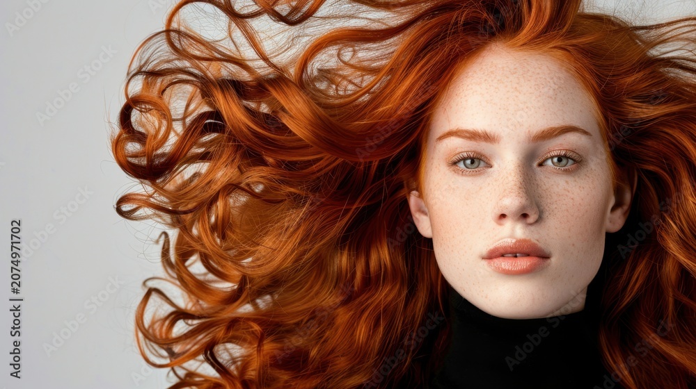 Fototapeta premium Beautiful young woman with vibrant red hair and freckles, posing against a neutral background in a stylish black turtleneck sweater