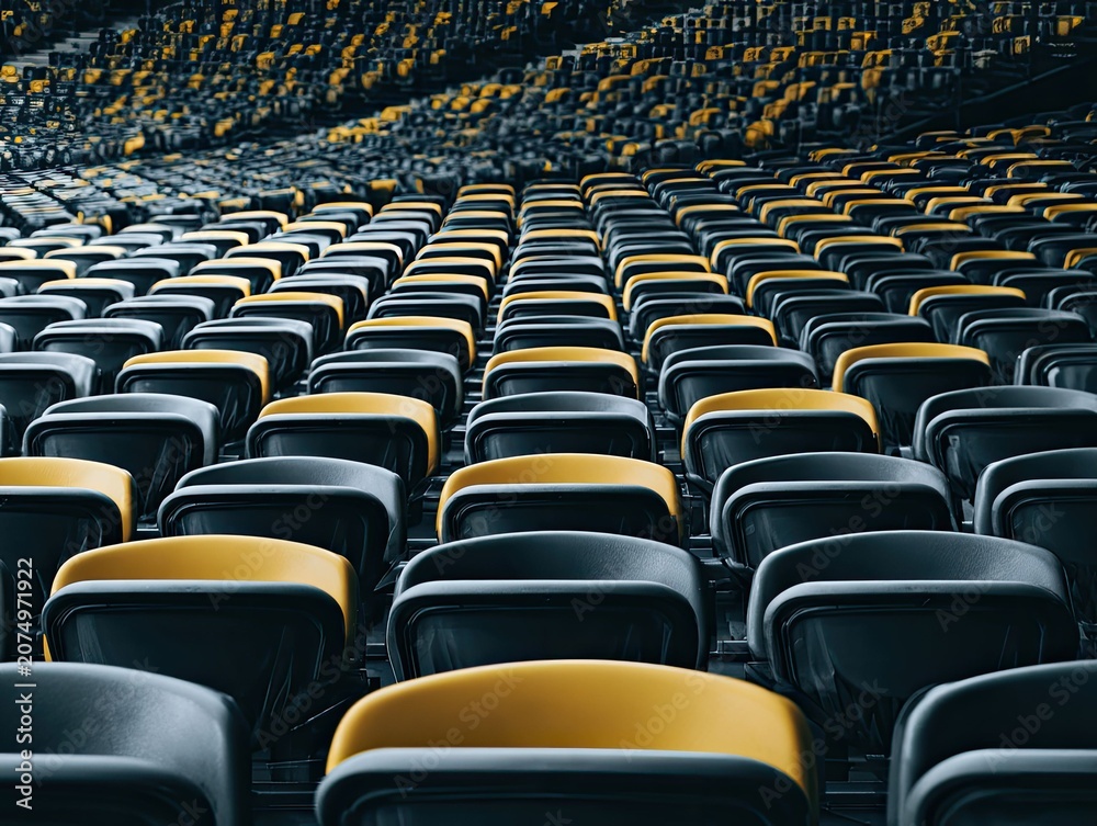 Obraz premium Wide view of modern tiered stadium seating with black and yellow chairs and empty rows during daytime