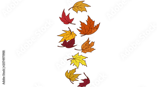Illustration vectorielle de feuilles d'érable colorées tombant en cascade sur un fond blanc pur, symbolisant la saison automnale avec des tons chauds et vibrants.