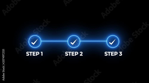 Glowing neon Animated Checklist Process: Glowing Three-Step Progress Bar with Checkmark Icons on Black Background for Business Presentation, Project Milestone,.
