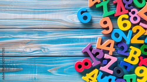 Colorful Number Blocks on Blue Wooden Surface Perfect for Educational Themes and Children’s Learning Materials