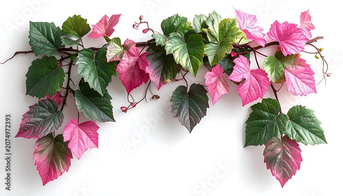 A vibrant, close-up photograph showcasing a climbing plant with pink and green foliage, arranged against a white backdrop