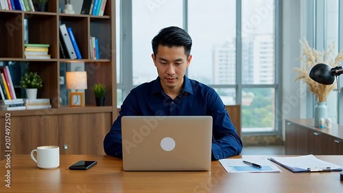 Professional Businessman Working on Laptop in Modern Office Interior