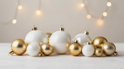 Luxury Christmas Gold White Ornament Arrangement with Soft Bokeh Fairy Lights Background