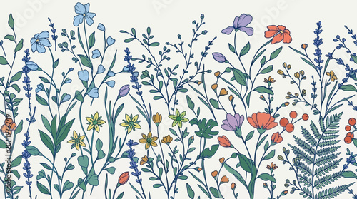 Nahtloses Muster mit handgezeichneten Wildblumen, Farnen und Gräsern in einem charmanten, botanischen Illustrationsstil auf einem hellen, cremefarbenen Hintergrund.
