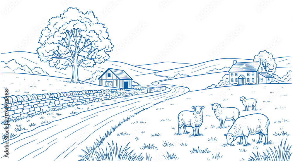 Fototapeta premium Serene countryside landscape with sheep grazing
