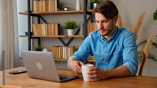 Man working on a laptop with a coffee cup in hand at home office desk with bookshelves in the background