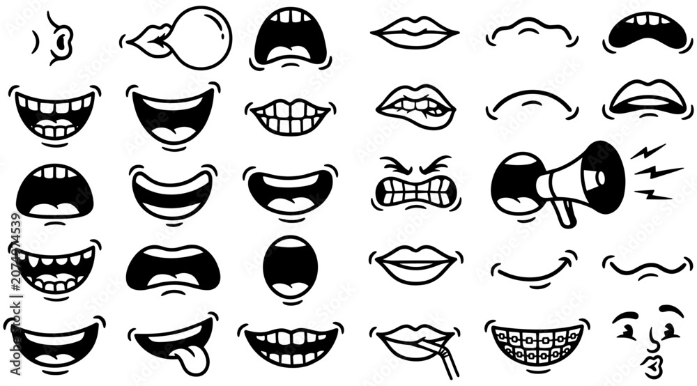 Fototapeta premium Collection of cartoon mouths and facial expressions