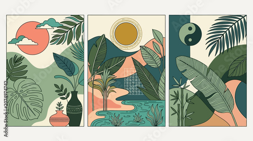 Set von drei modernen Wandkunst-Postern mit abstrakten tropischen Pflanzen, Palmenblättern, Yin-Yang-Symbol, Sonne und geometrischen Formen in einer harmonischen, erdigen Farbpalette.