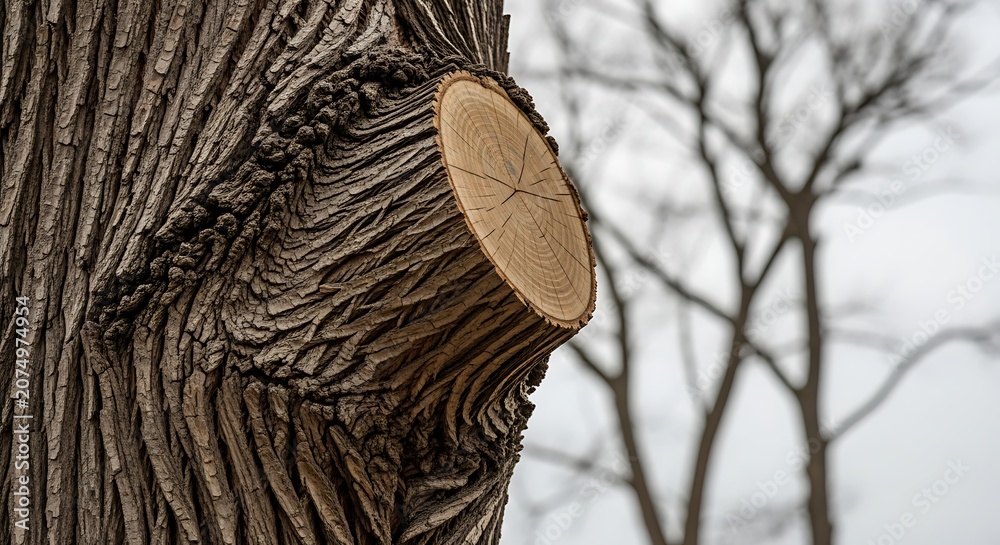 Fototapeta premium Close up of a cut branch on a textured tree trunk in winter.
