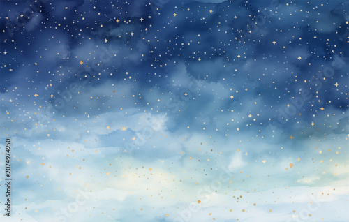 A stunning watercolor background depicts a night sky filled with shimmering stars and soft clouds. The blend of deep blue and light hues evokes a serene and peaceful ambiance