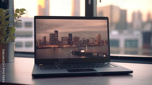 A photo of a black laptop on a white desk surface.