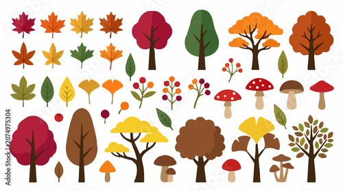 Canvastavla Flat Design Autumn Nature Elements: Leaves, Trees, Berries, Mushrooms Set