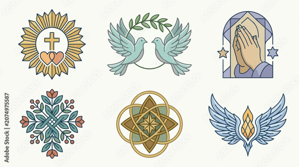 Obraz premium Conjunto de iconos religiosos y espirituales con símbolos cristianos como palomas, manos en oración, cruces y elementos florales en un estilo de diseño lineal y elegante