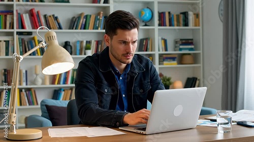 Focused young man working on a laptop at his home office desk with a library background