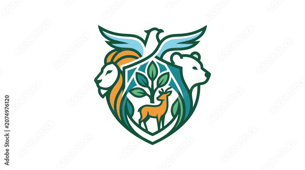 Fototapeta premium Abstract nature emblem with wild animals and tree in a protective shield