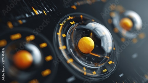 Three glowing orange spheres are centered in three circular gauge displays with yellow markers on a dark background, representing data or speed
