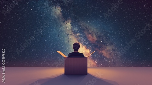 AI Generative. Man silhouette sitting inside a cardboard box looking at the starry night sky and milky way galaxy, think outside the box concept. 4