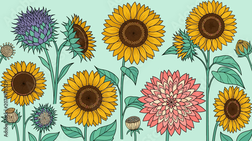 Eine dekorative Illustration mit einer Ansammlung von gelben Sonnenblumen, einer rosa Dahlie und violetten Disteln auf einem hellgrünen Hintergrund im flachen Grafikstil.