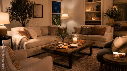 Warm Evening Living Room Prepared For Hosting And Conversation