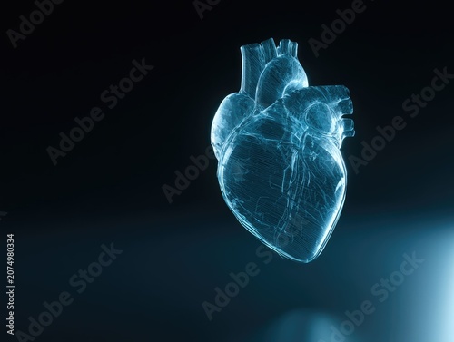 Digital 3D Heart Illustration Showing Human Organ with Transparent Blue Effect