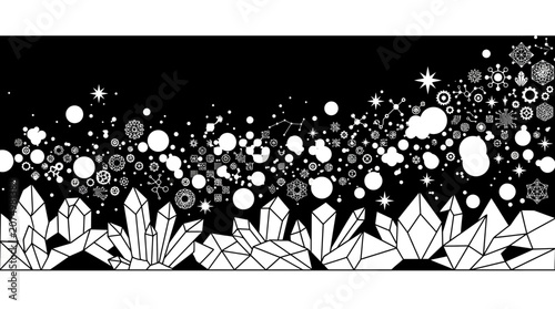 Abstrakte schwarz-weiße Illustration mit geometrischen Kristallformationen und einem Hintergrund aus funkelnden Sternen, Schneeflocken und Lichtpunkten für winterliche Designs.