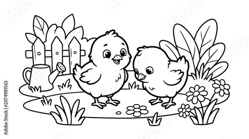 Canvastavla Two baby chicks with flowers and fence black and white vector illustration