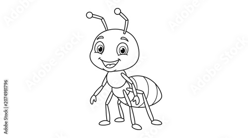 Schilderij op canvas Smiling ant illustration black and white line drawing on white background