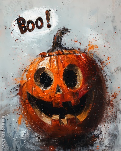 Halloween jack-o-lantern pumpkin oil painting with BOO speech bubble