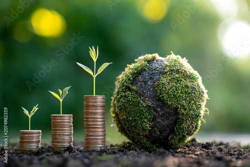 Green Globe with world map and stack of silver coins the seedlings are growing on top. Concept of Green business, finance and sustainability investment. Carbon credit. money saving investment.