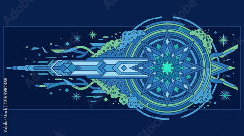 Abstrakte digitale Illustration mit einem leuchtenden Sternen-Mandala und geometrischen Linien in Blautönen auf einem dunklen Hintergrund für futuristisches Design
