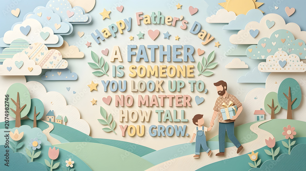Fototapeta premium Illustration of father and son walking through rolling green hills under sunny sky with paper craft textures and trees.