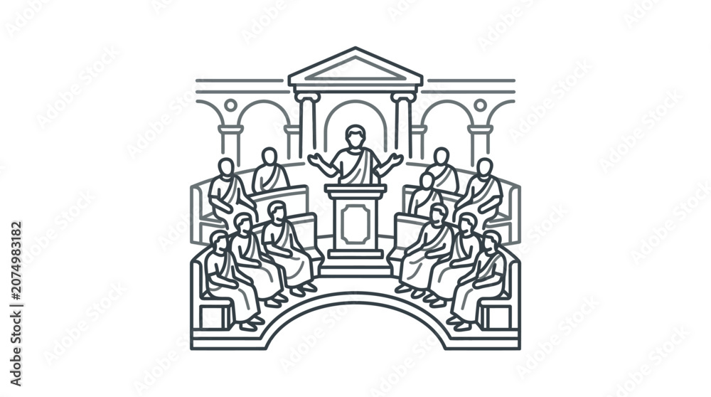Obraz premium Line art of ancient Roman senate assembly session.