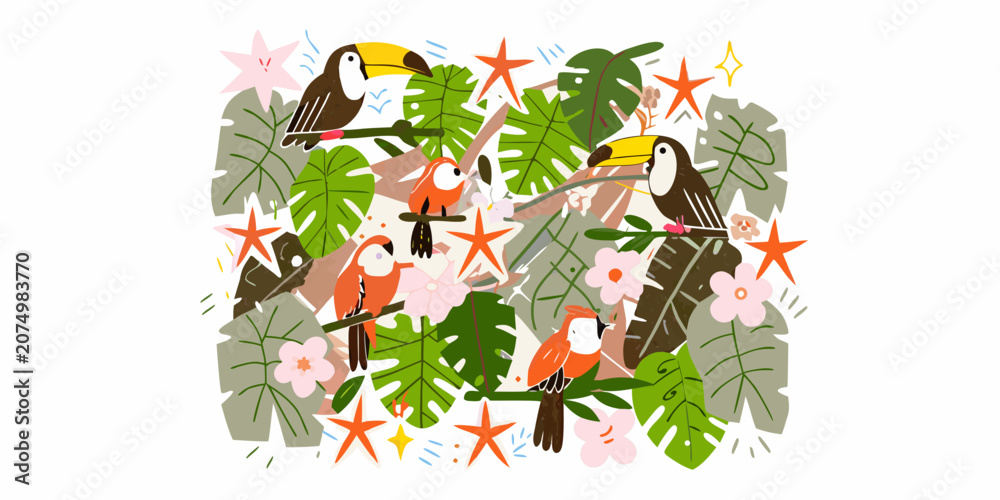 Obraz premium Tropical birds and foliage colorful vector illustration on a white background